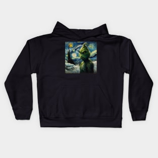 Whimsical Night: Mischievous Green Character - Starry Night Inspired Holiday Art Kids Hoodie